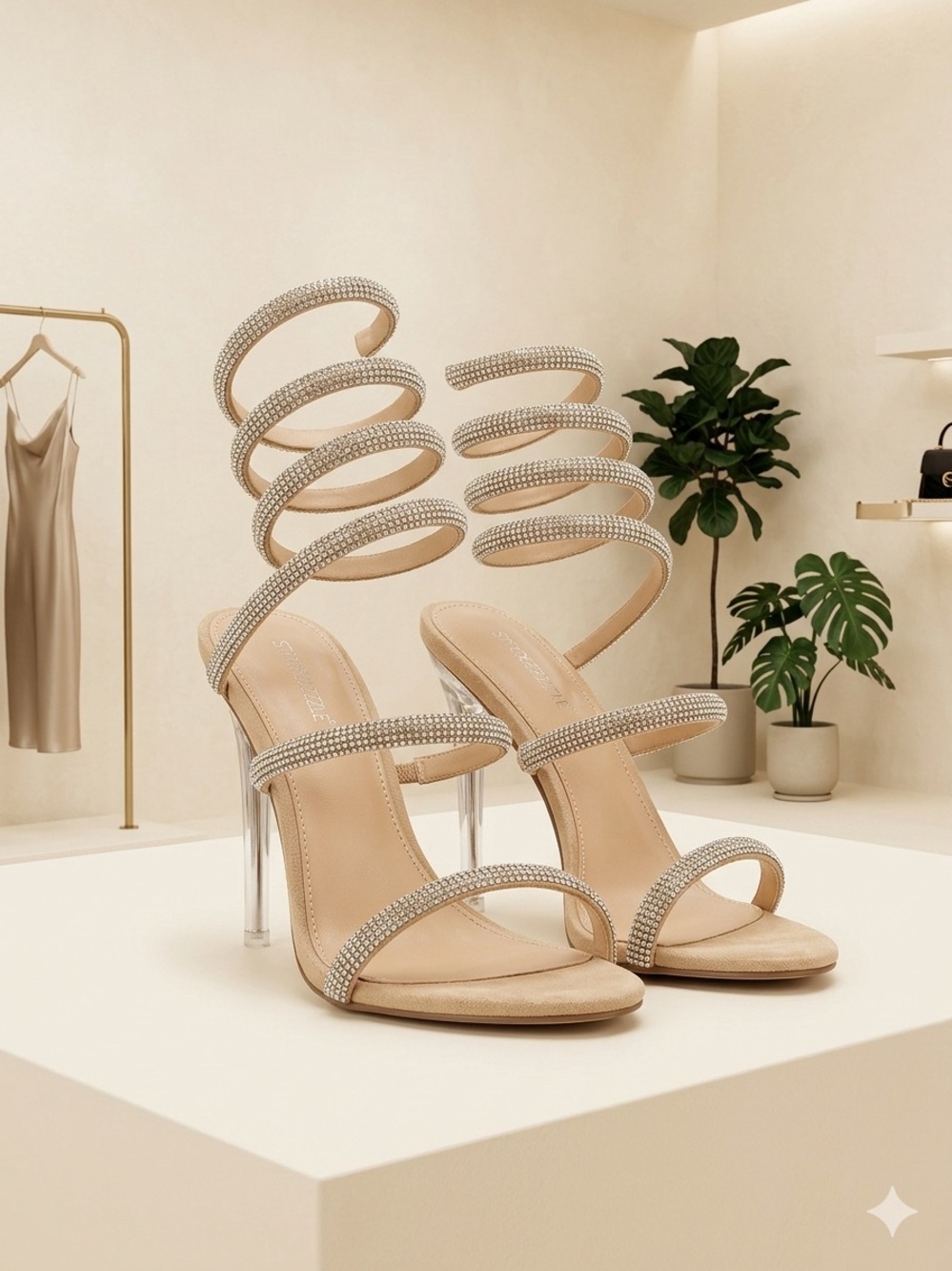 Nude Spiral Rhinestone Strap High Heel Sandals